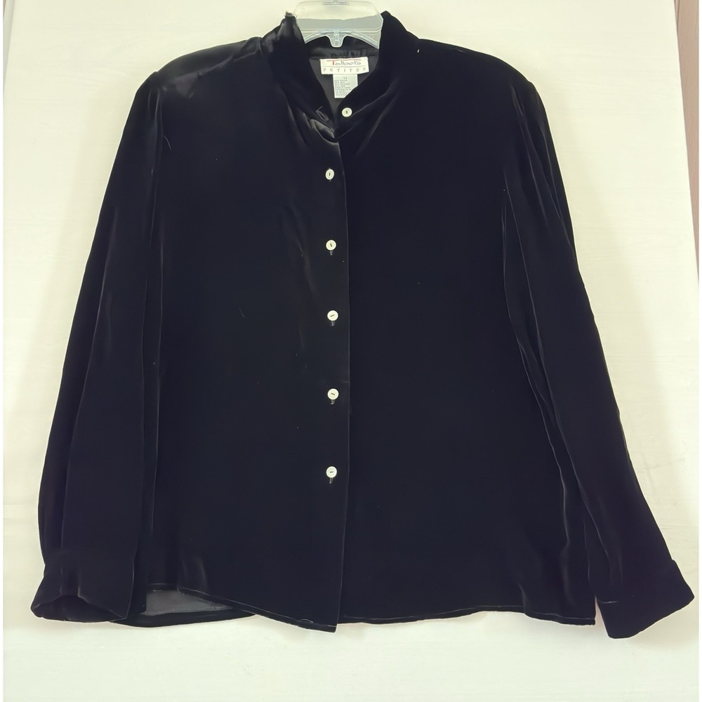 Talbots Women Velour Button Down Shirt Blouse Black Party Holiday 14 Petite